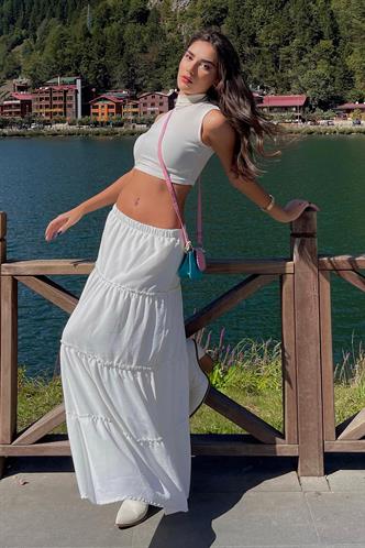 Beyaz Basic Pileli Kadın Uzun Etek