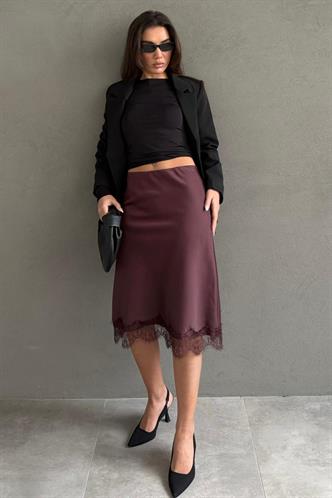 Kahverengi Dantel Detaylı Midi Boy Saten Etek MG2673 
