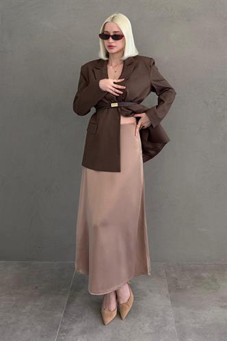  Vizon Midi Boy Kadın Saten Etek MG1409