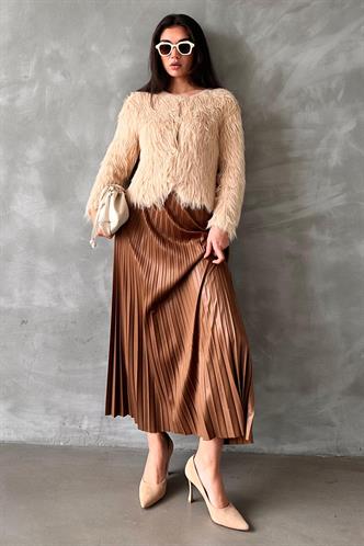 Kahverengi Pileli Kadın Etek MG2318