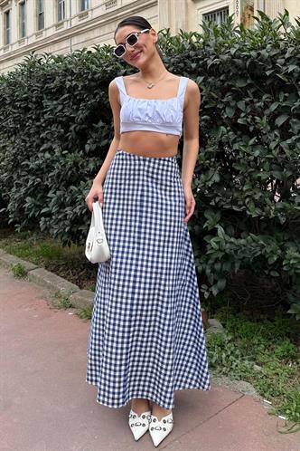 Lacivert Pötikareli Midi Boy Kadın Etek Mg2360