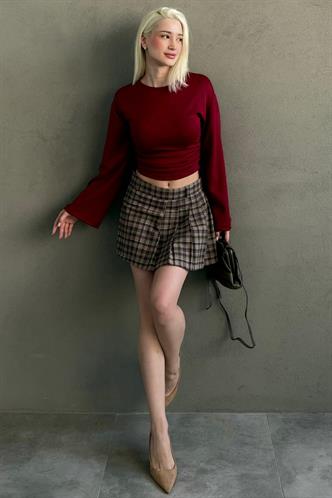 Camel %100Pamuklu Ekose Desen Pileli Mini Şort Etek MG2629