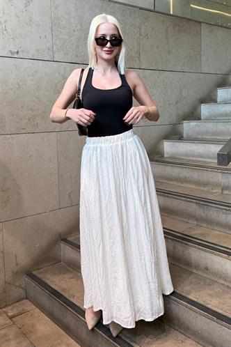 Beyaz Vual Kumaş Basic Kadın Uzun Boy Kadın Etek Mg2366