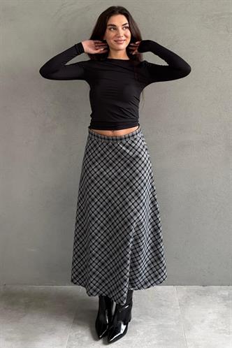 Siyah Ekose Desenli Midi Boy Kadın Etek MG2649