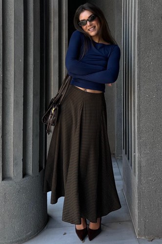 Siyah/Haki Kare Desenli Midi Kadın Etek MG2617