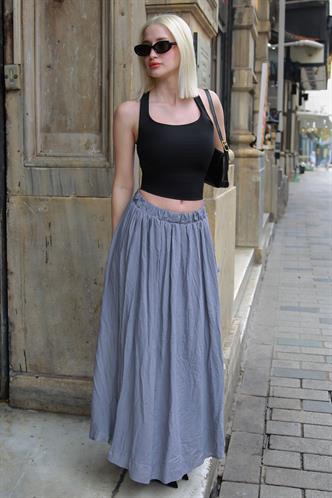 Gri Vual Kumaş Basic Kadın Uzun Boy Kadın Etek Mg2366