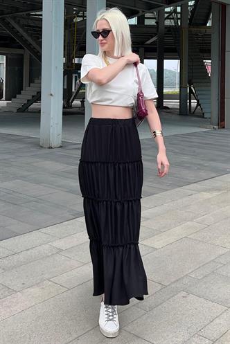 Siyah Basic Uzun Pileli Kadın Etek MG2071