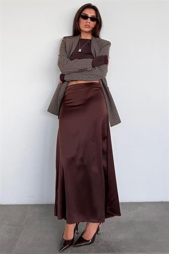 Acı Kahve Saten Midi Boy Şık Kadın Etek MG2637