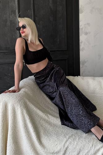 Siyah Desenli Saten Kadın Uzun Etek Mg2333