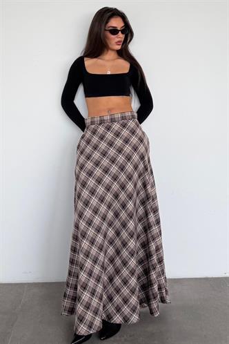 Kahverengi Ekose Desen Uzun Boy Etek MG2648