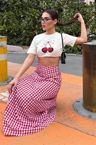 Kırmızı Pötikareli Midi Boy Kadın Etek Mg2360