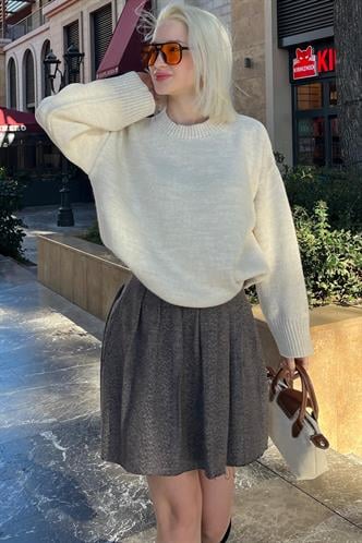 Bej Ekose Desen Kadın Pileli Etek MG2248