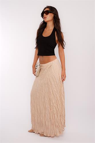 Bej Kırışık Desen Midi Boy Kadın Etek MG2266