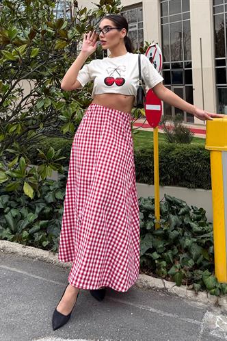 Kırmızı Pötikareli Midi Boy Kadın Etek Mg2360