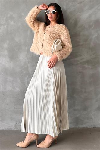 Ekru Pileli Kadın Etek MG2318