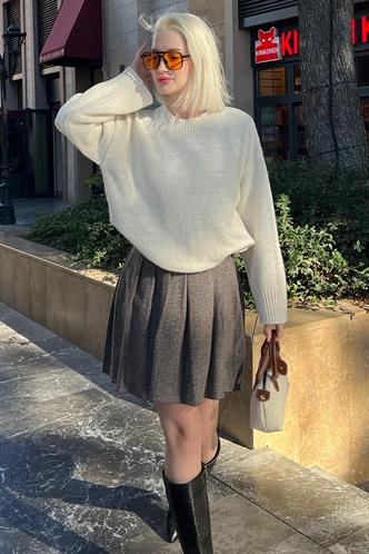 Bej Ekose Desen Kadın Pileli Etek MG2248