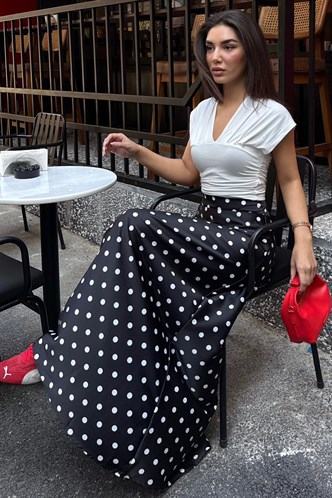 Siyah Puantiyeli Maxi Kadın Saten Etek MG2725