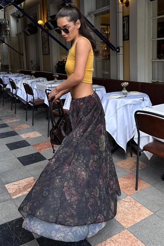 Siyah Çiçek Desenli Vintage Şifon Maxi Etek MG2776