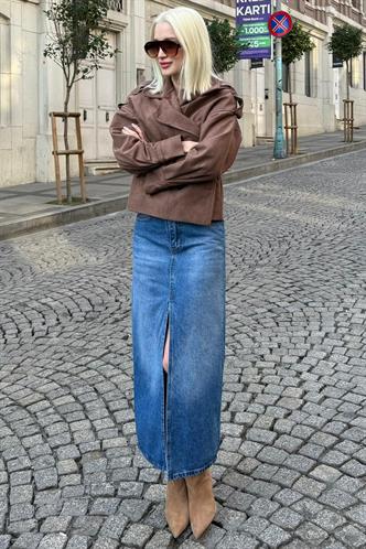 Mavi Önü Yırtmaçlı Kadın Kot Etek Mg2517