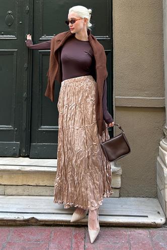 Parlak Bej  Kırışık Desen Kadın Etek MG2290