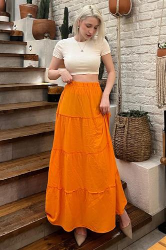 Turuncu Basic Pileli Kadın Uzun Etek