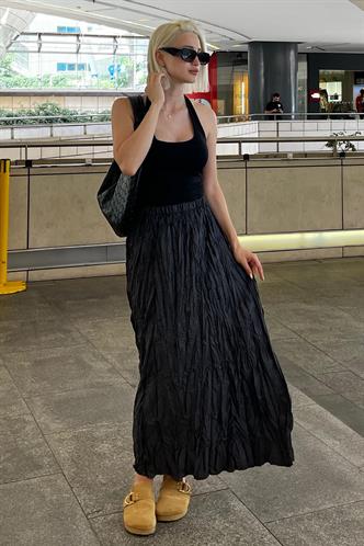 Füme Beli Lastikli Buruşuk Mikro Uzun Kadın Etek MG2155