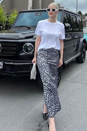 Gri Leopar Desenli Midi Boy Saten Etek MG2079