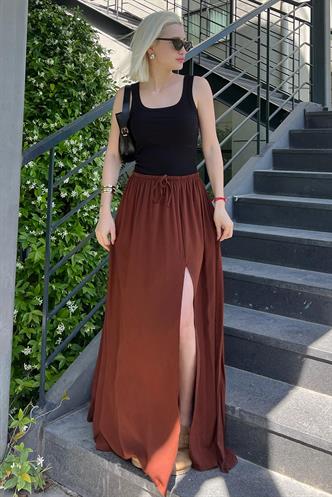 Kahverengi Beli Lastikli Yırtmaçlı Uzun Kadın Etek MG2062