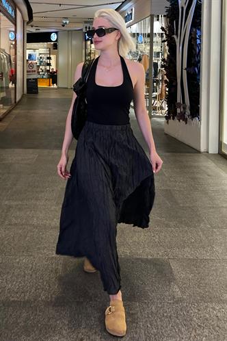 Füme Beli Lastikli Buruşuk Mikro Uzun Kadın Etek MG2155