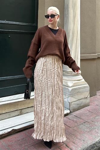 Parlak Taş Rengi Kırışık Desen Kadın Etek MG2290