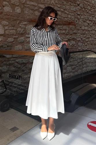 Beyaz Pileli Cepli Kadın Midi Boy Etek Mg2536