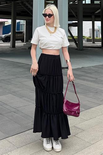 Siyah Basic Uzun Pileli Kadın Etek MG2071