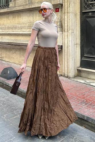 Kahverengi Kırışık Desen Midi Boy Kadın Etek MG2266