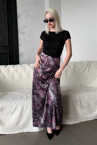 Lila Desenli Saten Kadın Uzun Etek Mg2333