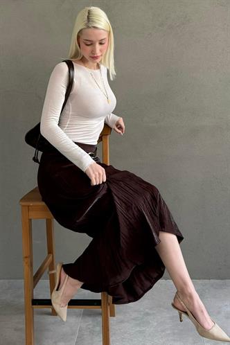 Kahverengi Kırışık Desen Kemerli Cepli Uzun Etek MG2661