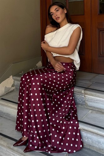 Bordo Puantiyeli Maxi Kadın Saten Etek MG2725