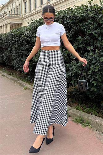 Siyah Pötikareli Midi Boy Kadın Etek Mg2360