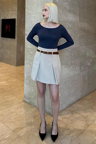 Ekru Pileli Kemerli Şortlu Kadın Etek MG2247