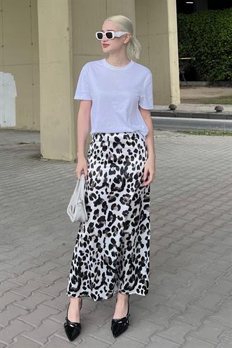 Beyaz Leopar Desenli Midi Boy Saten Etek MG2079