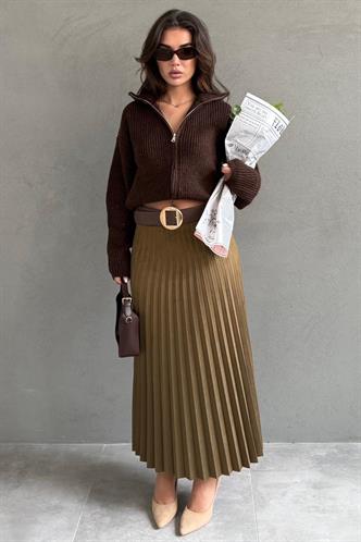 Haki Pileli Kemerli Uzun Süet Kadın Etek MG2576
