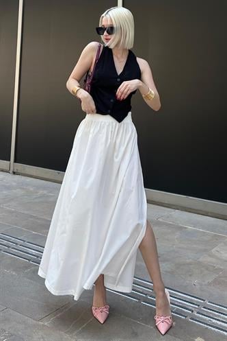 Beyaz Basic Yırtmaçlı Midi Etek MG2092