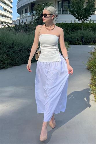 Beyaz Basic Beli Lastikli Astarlı Cep Detaylı Midi Etek MG2154