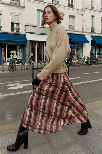 Kahverengi Kareli Şifon Kadın Etek MG2678