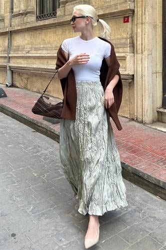 Parlak Mint Yeşili Kırışık Desen Kadın Etek MG2290