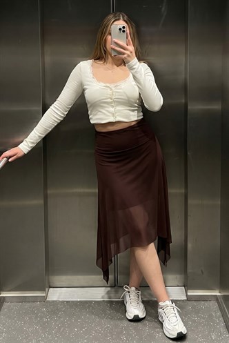 Kahverengi Şifon Asimetrik Kesim Midi Etek MG2777
