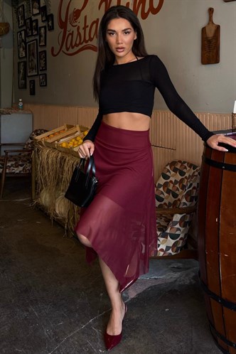 Bordo Şifon Asimetrik Kesim Midi Etek MG2777