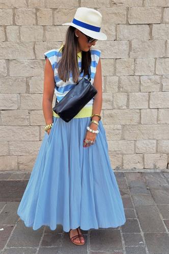 Bebe Mavisi Vual Kumaş Basic Kadın Uzun Boy Kadın Etek Mg2366