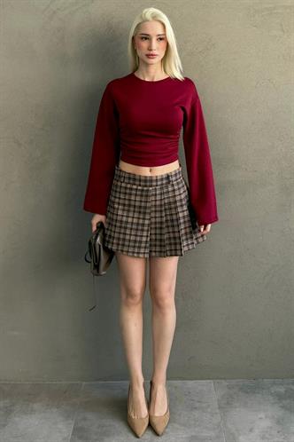 Camel %100Pamuklu Ekose Desen Pileli Mini Şort Etek MG2629