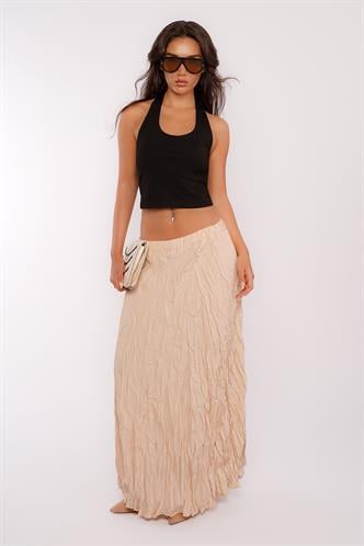 Bej Kırışık Desen Midi Boy Kadın Etek MG2266