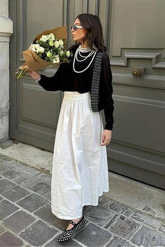 Beyaz Basic Yırtmaçlı Midi Etek MG2092